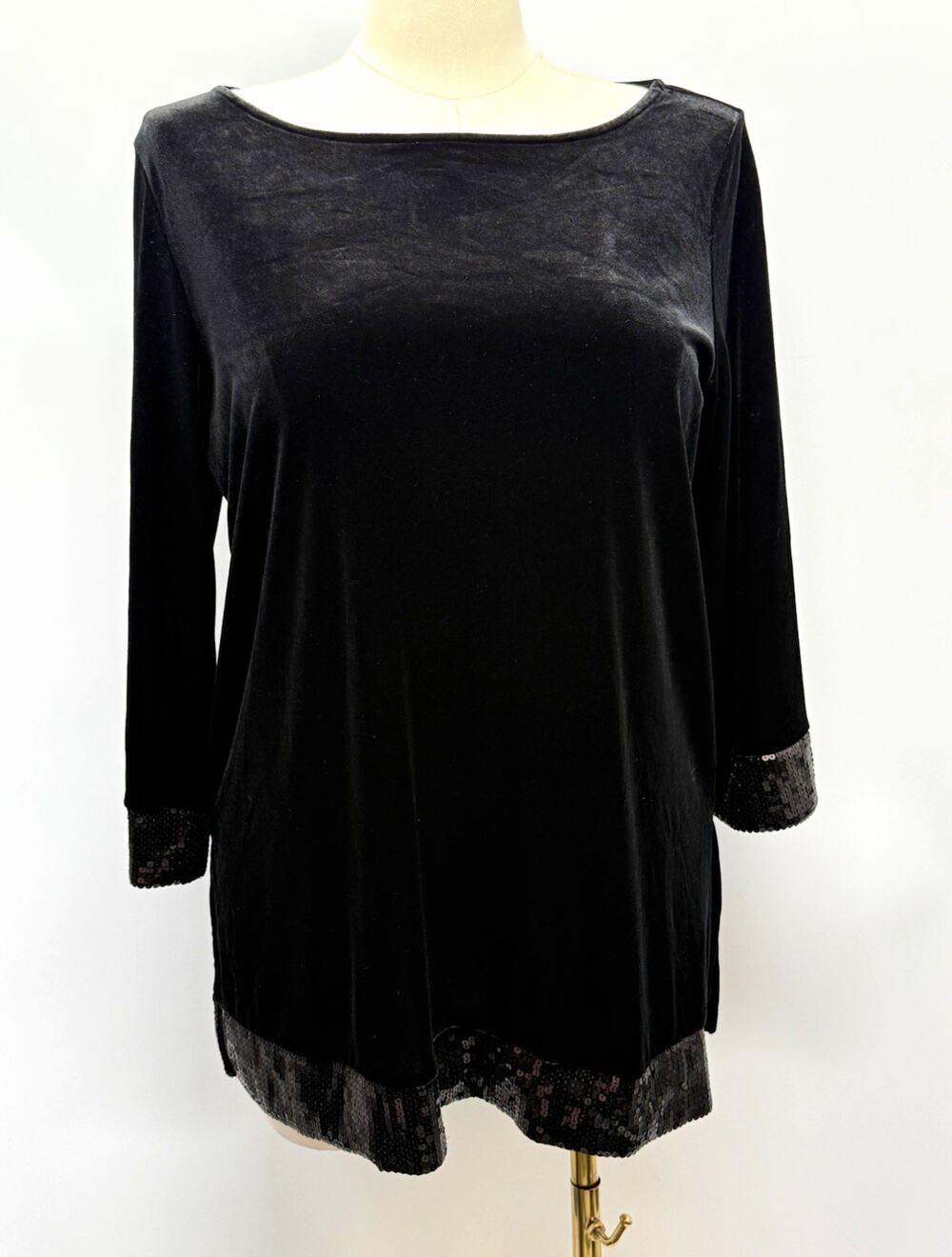 Susan Graver Womens L Black Velvet Tunic Blouse Sequin Trim 3/4 Sleeve